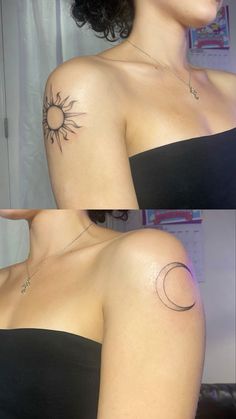 a woman with a sun and moon tattoo on her left shoulder, showing the upper half of her arm