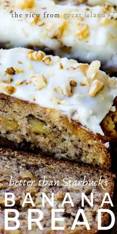 banana bread with white icing and walnuts on top is featured in the view from great island