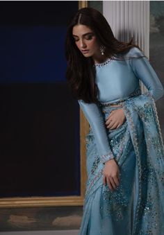 Maya ali latest and beautiful pics Blue Colour Saree, Denim Refashion, Saree Wearing Styles, Sewing Collars, Iqra Aziz, Traditional Indian Dress