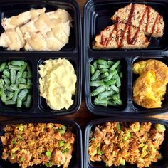 four plastic containers filled with different types of food