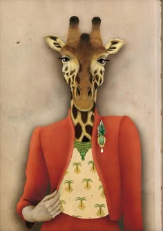 a painting of a giraffe wearing a red jacket