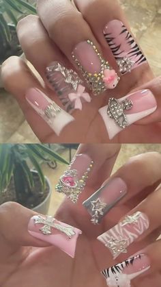 Duck Bling Nails, Duck Nails Ideas, Ribbon Nails Designs, Bling Duck Nails, Duckies Nails, Duck Nails Design, Y2k Duck Nails, Long Duck Nails, Pink Duck Nails