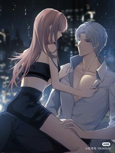 an anime scene with two people standing next to each other and one person holding his arm around the woman's shoulder