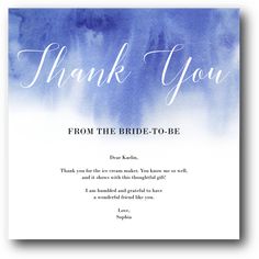 a blue and white thank card with the words, thank you from the bride - to - be