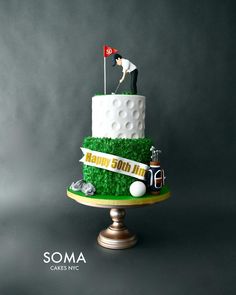 a golf themed cake with a man on top