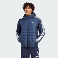 adidas Shop the Essentials 3-Stripes Insulated Hooded Hybrid Jacket - Blue at adidas.com/us! See all the styles and colors of Essentials 3-Stripes Insulated Hooded Hybrid Jacket - Blue at the official adidas online shop. Adidas Shop, Mens Lifestyle, Mens Activewear, Adidas Online, Blue Man, Adidas Jacket, Dark Blue, Active Wear, Winter Jackets