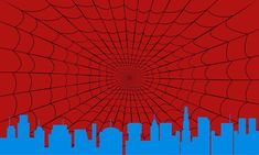 a red and blue cityscape with spider web in the center, as seen from below