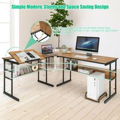 a computer desk sitting on top of a hard wood floor next to a plant in a vase