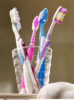 four toothbrushes in a glass on a table