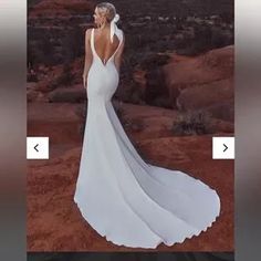 a woman in a white wedding dress standing on top of a desert hill with her back to the camera