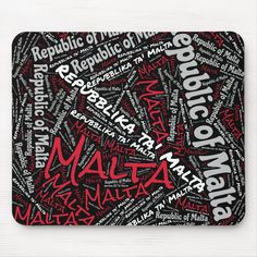 a mouse pad with the words written in red and black on it, along with other words