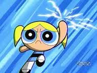 the powerpuff character is flying through the air with lightning in her hair and eyes