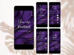 four cell phones with wedding cards displayed on the front, back and side panels in purple