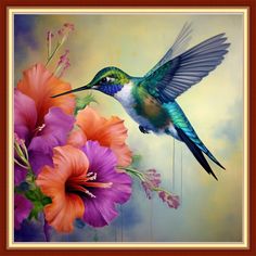 a painting of a hummingbird hovering over flowers