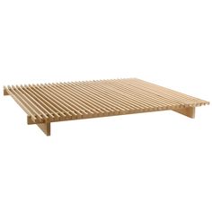 a wooden table with slats on the top and bottom, against a white background