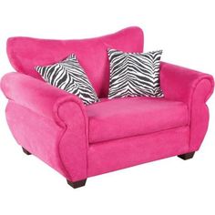 a pink chair with zebra print pillows on the armrests and pillow back cushions