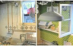 before and after photos of a bathroom remodel with green wallpaper on the walls