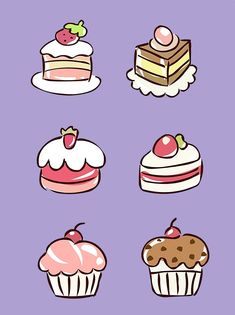 a bunch of different types of cakes on a purple background