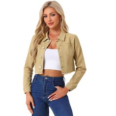 Elevate your wardrobe with the Allegra K Women's Turn Down Cropped Denim Jacket in a versatile khaki color. This essential piece combines timeless style with a modern twist, perfect for any fashion-forward woman.

- **Color:** Khaki
- **Size:** X-Large
- **Material:** Denim
- **Gender:** Female
- **Age Group:** Adult
- **Features:** Frayed hem, cropped length, button-down front

Crafted with a washed denim finish, this jacket offers a regular fit that flatters while maintaining comfort. The fray Cropped Buttoned Denim Vest For Spring, Spring Cropped Denim Vest With Buttons, Cropped Denim Vest With Buttons For Spring, Casual Cropped Denim Vest With Buttons, Cropped Denim Jacket With Buttons, Spring Cropped Denim Jacket With Buttons, Casual Cropped Cotton Denim Jacket, Casual Cropped Denim Jacket With Button Closure, Casual Cropped Denim Jacket For Fall