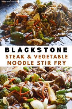 this is an image of black stone steak and vegetable noodle stir fry