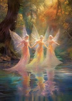 three angels are standing in the water holding hands