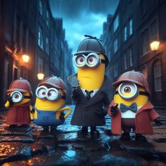 three minion characters are standing in the rain, one is wearing a suit and tie