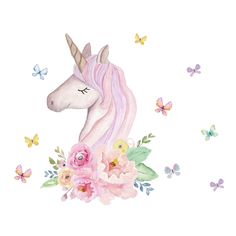 a watercolor unicorn with flowers and butterflies