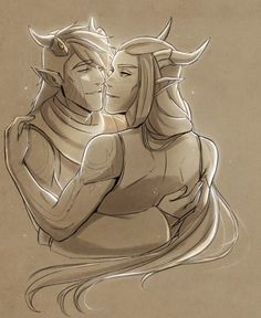 a drawing of two people with horns on their heads, one is hugging the other