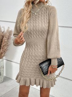 Turtleneck Lantern Sleeve Ruffle Hem Cable Knit Sweater Dress Apricot Elegant  Long Sleeve Knitwear Plain  Slight Stretch  Women Clothing, size features are:Bust: ,Length: ,Sleeve Length: Modest Crochet, Crochet Winter Dresses, Hoodie Sweatshirt Dress, Knitting Dress, Shein Sweater, Bodycon Sweater Dress, Cable Knit Sweater Dress, Sweater Dresses, Sweater Dress Women