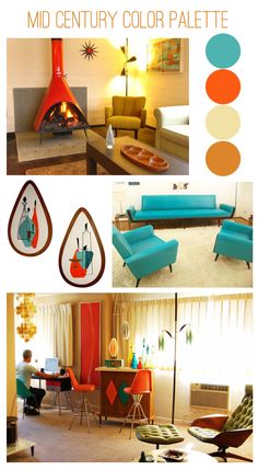 the color scheme for this living room is orange, blue and green