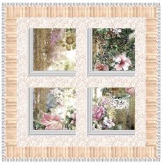 four square pictures with flowers and leaves on the sides, all in different shades of pink