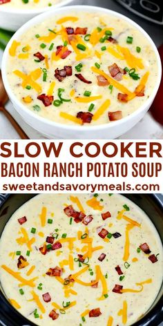 this slow cooker bacon ranch potato soup is loaded with cheese and bacon