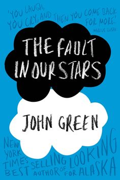 the fault in four stars by john green is shown on a blue background with black and white clouds