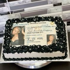 a cake that has been decorated with an id and photo on it for someone's birthday