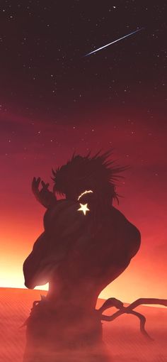 the silhouette of a man with dreadlocks on his head in front of an orange and red sky