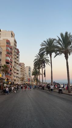 people walking down the street in front of tall buildings and palm trees on either side