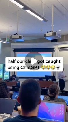 people are sitting in front of laptops with the caption half our cia got caught using chatgt