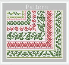 a cross stitch pattern with red and green flowers on it, in the shape of a square