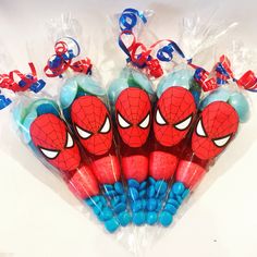 spiderman candy lollipops in cellophane bags with blue and red candies