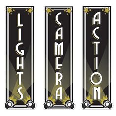 three black and white banners with gold trimmings on the sides, one for each name