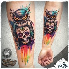 two colorful tattoos on both legs with an owl and skull in the middle one has watercolor