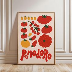 a poster with tomatoes and other vegetables on it in front of a white wall next to a wooden floor