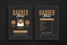 the barber shop flyer is shown in black and gold