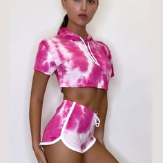 Tie Dye Short Sleeve Crop Top Hoodie And Shorts -Two Piece Set Available In 4 Colors: Pink And White ; Burgundy And White; Blue And White; Blue And Burgundy . Street-Ready Look .This Hoodie Features A Drawstring. Shorts Are Super Soft And Also Include A Drawstring. Suit For Casual Wear, Lounge Wear, Workout, Running And Daily Wear. Provides Exceptional Quality Value & Style Polyester French Terry,Machine Washable This Listing Is For Pink And White Tie Dye Color Blue And Burgundy, Short Sleeve Crop Top, Crop Top Hoodie, Tie Dye Colors, Short Sleeve Hoodie, Workout Running, Tie Dye Shorts, Short Sleeve Cropped Top, White Tie