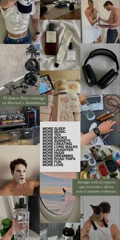 a collage of photos with various items and words on them, including an advertisement for the