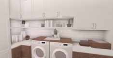 this is a 3d image of a kitchen with washers and dryers in it