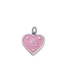 A heart shaped charm with a pink enamel zodiac design. Dimensions: 18mm Pink Heart Pendant Charms As Gift, Pink Heart Sterling Silver Charms, Pink Heart-shaped Sterling Silver Charms, Pink Sterling Silver Heart Charm, Pink Sterling Silver Charms For Valentine's Day, Sterling Silver Heart Charm In Pink, Personalized Pink Heart Charms, Personalized Pink Charms For Valentine's Day, Pink Heart Charms For Valentine's Day