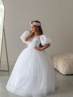 "White Lace First Communion dress with puffy sleeves and full sparkling tulle skirt, Flower Girl Dress, Wedding guest tulle dress, Baptism gown, Junior Bridesmaid dress.  2501-15-L - handmade white lace communion dress has trendy design and will be perfect outfit for your special occasion date - holy communion and baptism, wedding, flower girl or Junior Bridesmaid, photoshoot, fairy & princess Item material: upper layer of the skirt - satin and tulle, lace middle layer of the skirt - tulle   lower layer of the skirt - taffeta corset - satin, tulle, lace, taffeta, zipper Item color: white, off white, ivory, blush Size: 2-3-4-5-6-7-8-9-10-12-13-Custom Size The size chart is the picture of the listing. If your measurements do not match to those specified in the standard size chart, we can com First Holy Communion Dresses, Communication Ideas, Bridesmaid Photoshoot, Holy Communion Dresses, Dress With Puffy Sleeves, Wedding Dresses For Kids, Skirt Satin, Skirt Tulle, Wedding Party Outfits