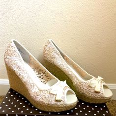 New - Never Worn Kelly & Katie Size 11 Cream Belinda Peep Toe Wedges. Great Summer Shoe - (I Wore Out My Black Ones). Still Wrapped And In The Original Box. Fitted Lace Heels For Spring, Summer Fabric Heels, Elegant Fabric Heels For Wedding, Elegant Fabric Wedding Heels, White Lace Heels For Summer, Spring High Heel With Lace Trim, Spring High Heels With Lace Trim, Spring Lace Heels, Fitted Beige Heels For The Beach