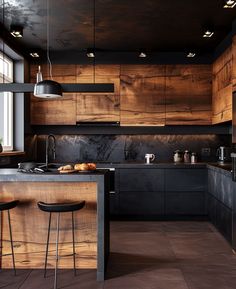 Rustic kitchen bar stools photo showcasing stylish seating options around a reclaimed wood island Modern Dark Kitchen, Modern Industrial Kitchen, Industrial Kitchen Design, Rustic Kitchen Cabinets, Dark Kitchen, Modern Kitchen Interiors, House Design Kitchen, Kitchen Room Design, Kitchen Inspiration Design